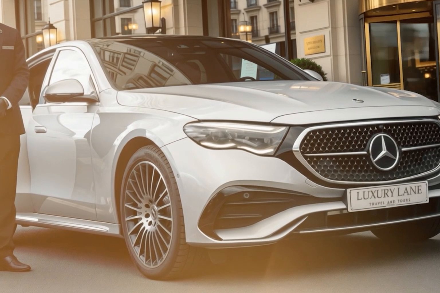 A silver Mercedes-Benz with a Luxury Lane plate at a hotel entrance, its driver standing beside the open door